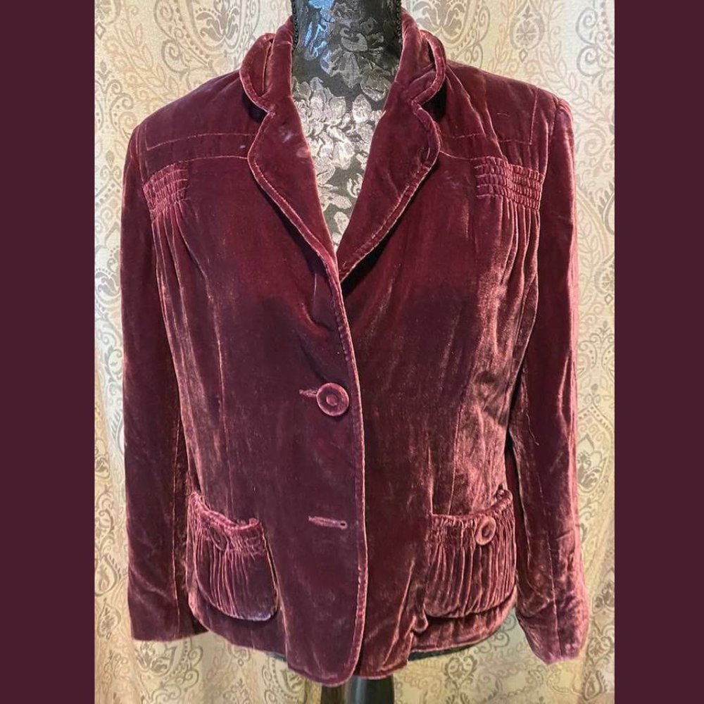 Tribal Burgundy Velour/Velvet, Silk-lined Blazer, 10
